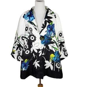 Joseph Ribkoff Jacket Art to Wear Lagenlook Boxy Black White Blue Floral Sz 14